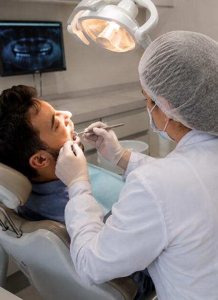 Atendimento odontológico em andamento durante procedimento clínico